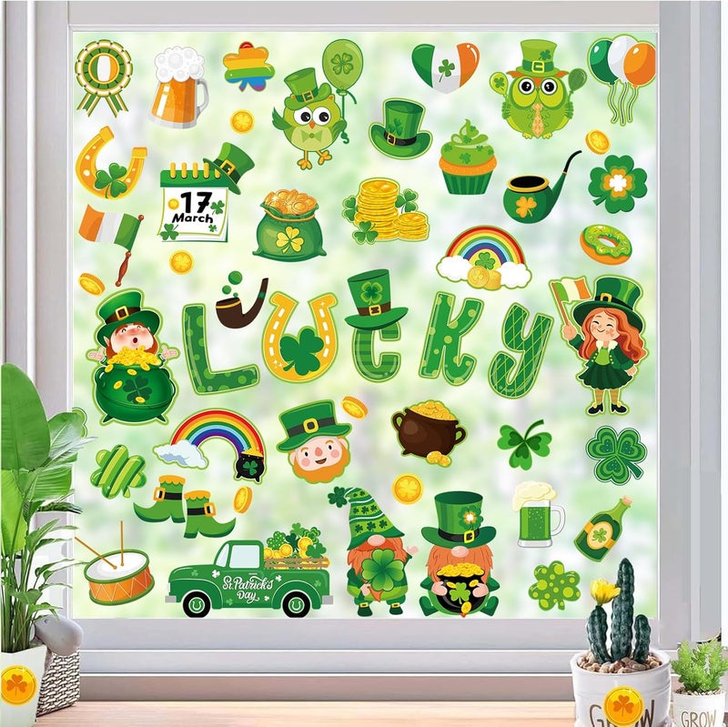 Whaline 9 Sheets St. Patrick's Day Cartoon Window Cling Stickers Cute Lucky Clover Green Shamrock Gnome Reusable Window Decals for Irish Party Home Classroom Decoration - Image 1